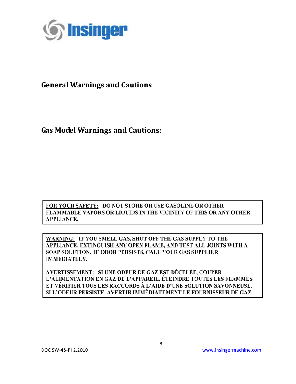 General warnings and cautions, Gas model warnings and cautions | Insinger SW-48-RI User Manual | Page 8 / 40