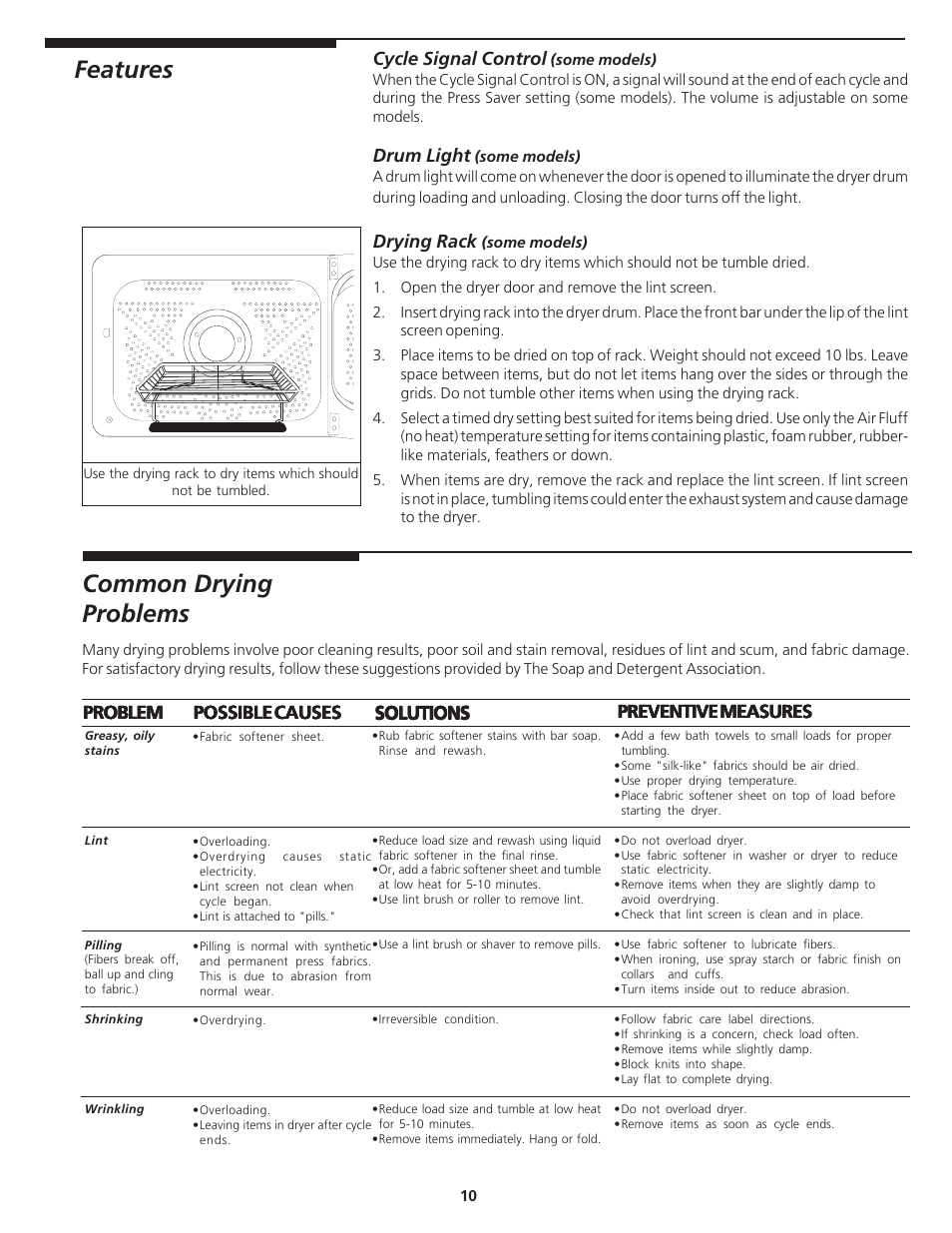 Features, Common drying problems, Cycle signal control | Drum light, Drying rack, Problem, Solutions, Preventive measures | Crosley Tumble Action Laundry Center User Manual | Page 10 / 16