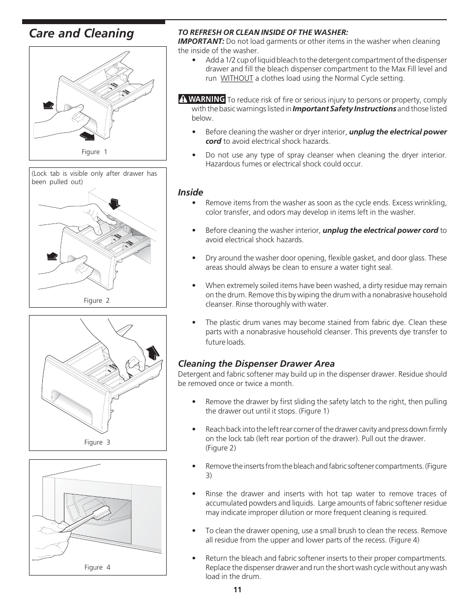 Care and cleaning | Crosley Tumble Action Laundry Center User Manual | Page 11 / 16