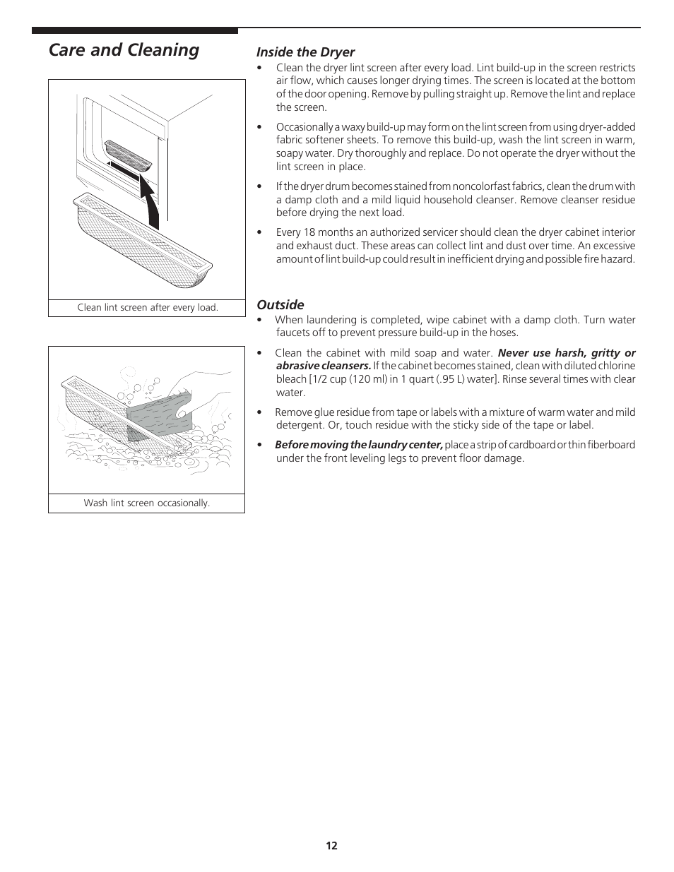 Care and cleaning | Crosley Tumble Action Laundry Center User Manual | Page 12 / 16