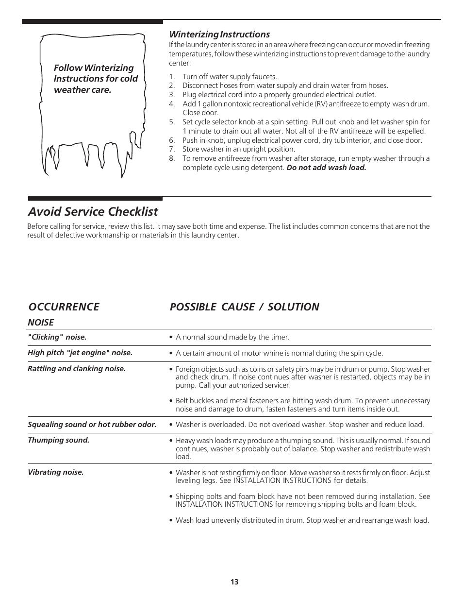 Avoid service checklist, Possible cause / solution occurrence | Crosley Tumble Action Laundry Center User Manual | Page 13 / 16