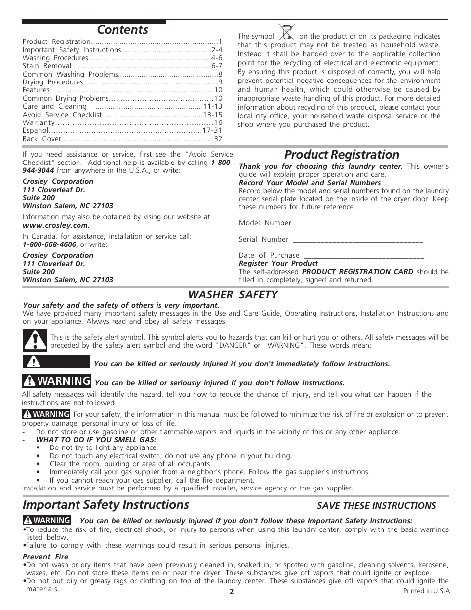 Crosley Tumble Action Laundry Center User Manual | Page 2 / 16