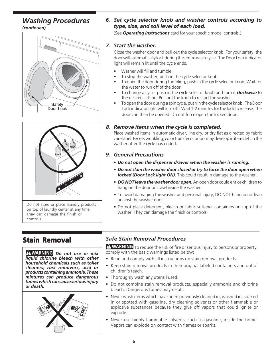 Washing procedures, Stain removal | Crosley Tumble Action Laundry Center User Manual | Page 6 / 16