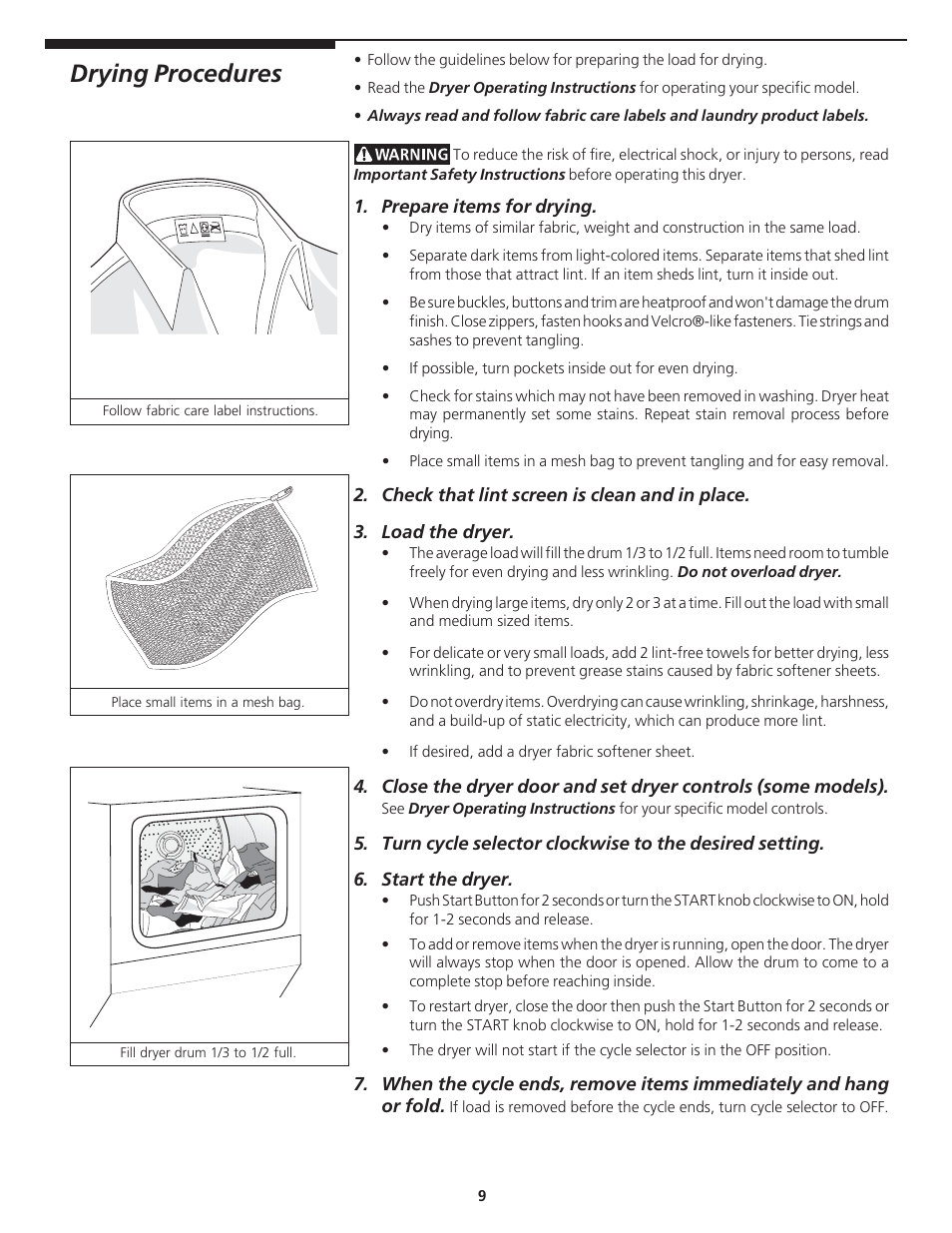Drying procedures | Crosley Tumble Action Laundry Center User Manual | Page 9 / 16