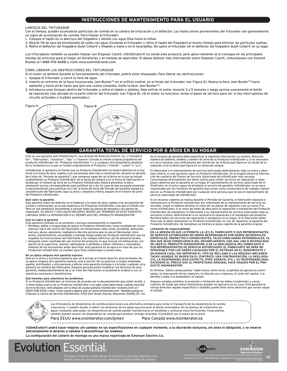 Evolution essential, Instrucciones de mantenimiento para el usuario, Garantía total de servicio por 6 años en su hogar | InSinkErator Evolution Essential User Manual | Page 12 / 14