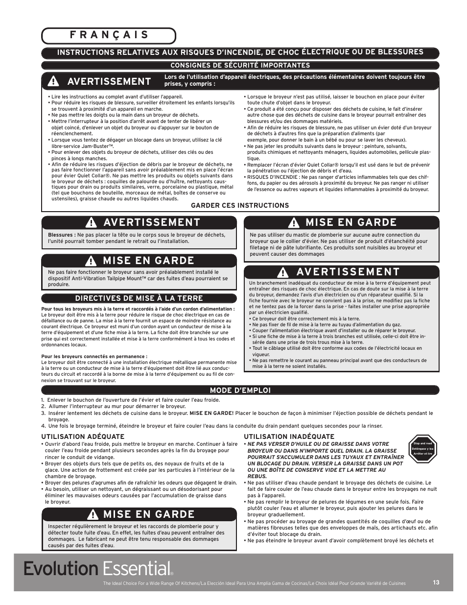 Evolution essential, Mise en garde, Avertissement | Mode d’emploi, Directives de mise à la terre | InSinkErator Evolution Essential User Manual | Page 13 / 14