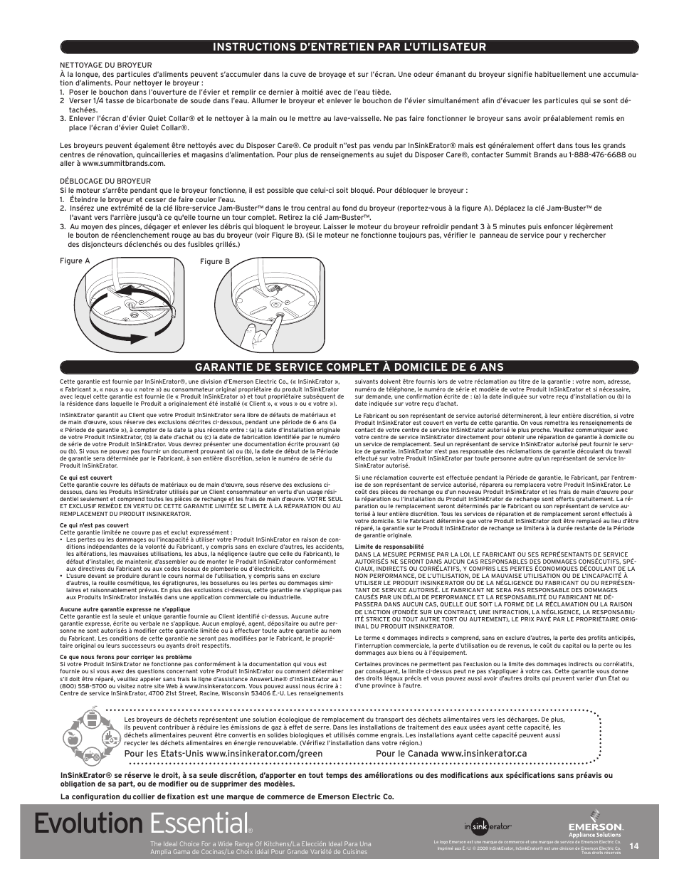 Evolution essential, Instructions d’entretien par l’utilisateur, Garantie de service complet à domicile de 6 ans | InSinkErator Evolution Essential User Manual | Page 14 / 14