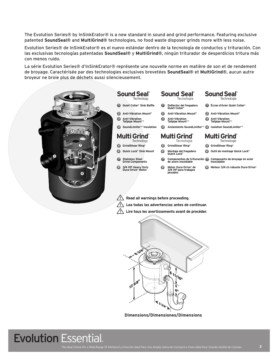 Evolution essential, Sound seal, Multi grind | InSinkErator Evolution Essential User Manual | Page 2 / 14