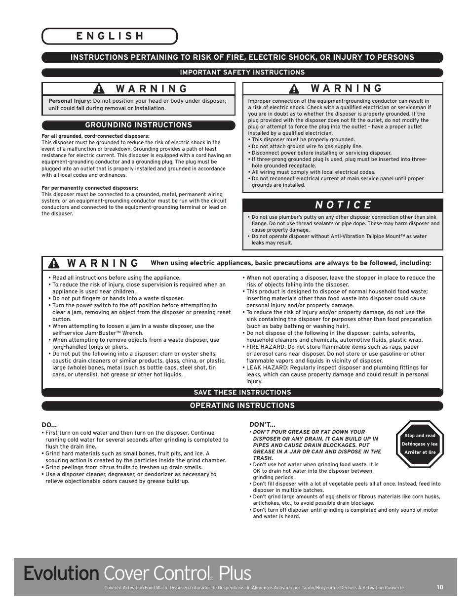Evolution cover control, Plus | InSinkErator Evolution Cover Control Plus User Manual | Page 10 / 16