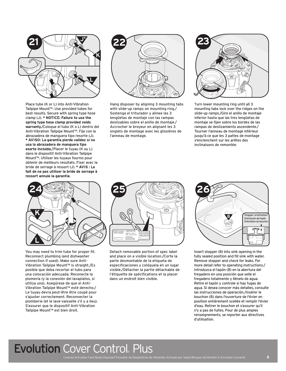 Evolution cover control, Plus, Kl j | InSinkErator Evolution Cover Control Plus User Manual | Page 8 / 16