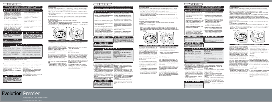 Evolution, Premier, Mise en garde | Avertissement, Advertencia, The ideal choice for a wide range of kitchens, Operating instructions, Electric shock, User-maintenance instructions, 5 year in-home full service warranty | InSinkErator Evolution Premier User Manual | Page 2 / 2
