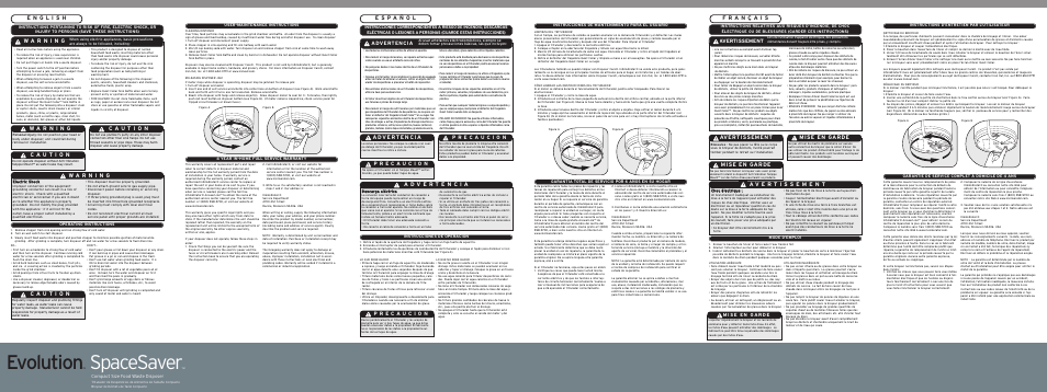 Evolution, Spacesaver, Mise en garde | Avertissement, Advertencia, Compact size food waste disposer, Operating instructions, Eelle ec ct tr riic c s sh ho oc ck k, User-maintenance instructions, Instrucciones de operacion | InSinkErator Evolution Space Saver User Manual | Page 2 / 2