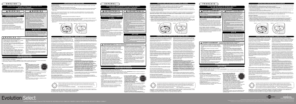 Evolution select, A v i s, User-maintenance instructions | Instrucciones de mantenimiento para el usuario, Operating instructions, Grounding instructions, Instrucciones de operacion, Instrucciones para la conexión a tierra, Mode d’emploi, Directives de mise à la terre | InSinkErator Evolution Select User Manual | Page 2 / 2