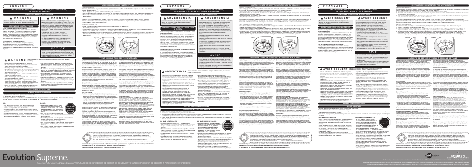 Evolution supreme, A v i s, User-maintenance instructions | Instrucciones de mantenimiento para el usuario, Operating instructions, Instrucciones de operacion, Mode d’emploi, Grounding instructions, Instrucciones para la conexión a tierra, Directives de mise à la terre | InSinkErator Evolution Supreme User Manual | Page 2 / 2