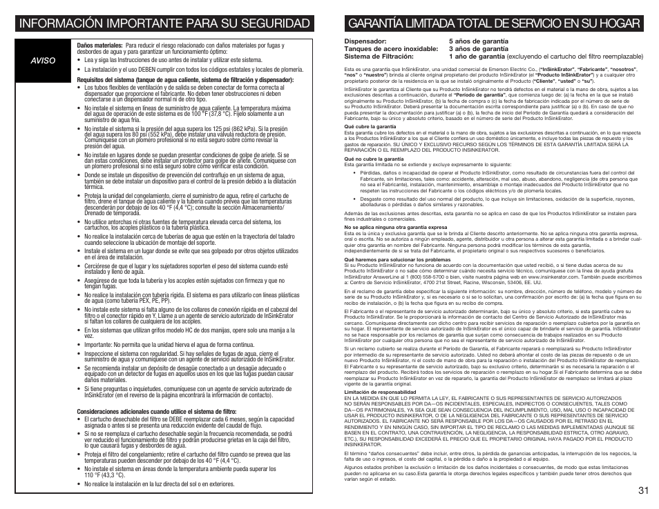 Garantía limitada total de servicio en su hogar, Información importante para su seguridad | InSinkErator HWT-F1000S Tank and Filter System User Manual | Page 16 / 26