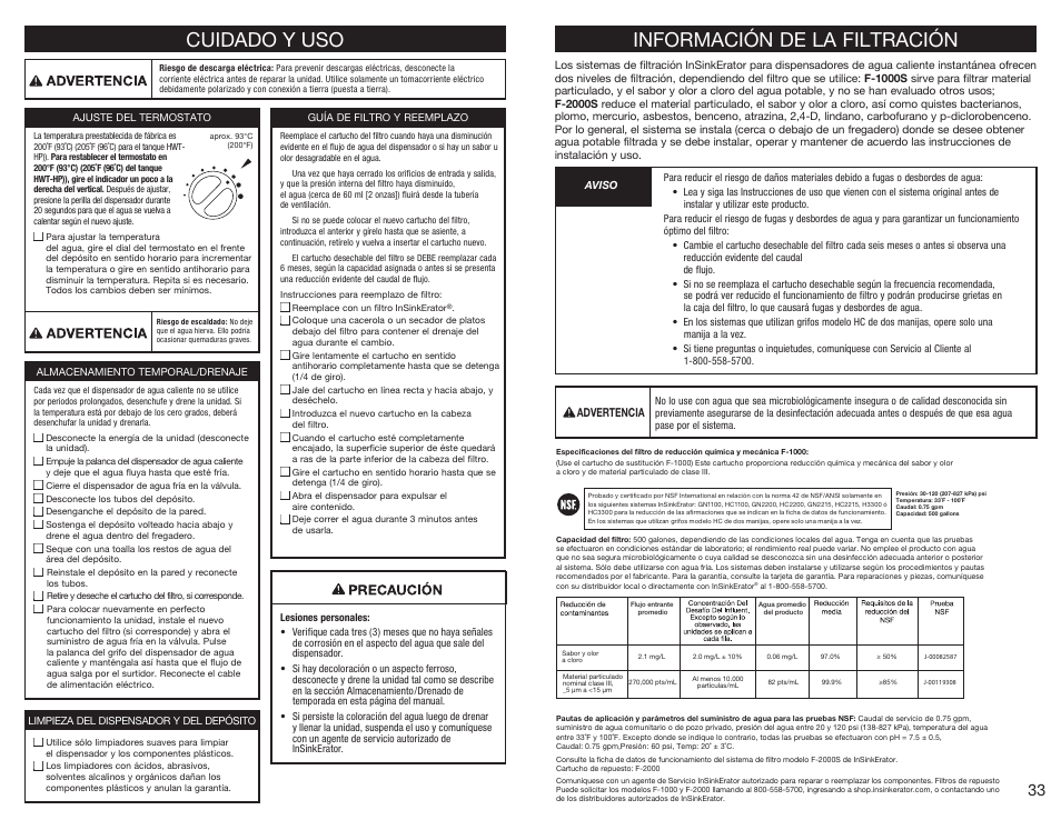 Información de la filtración, Cuidado y uso | InSinkErator HWT-F1000S Tank and Filter System User Manual | Page 17 / 26