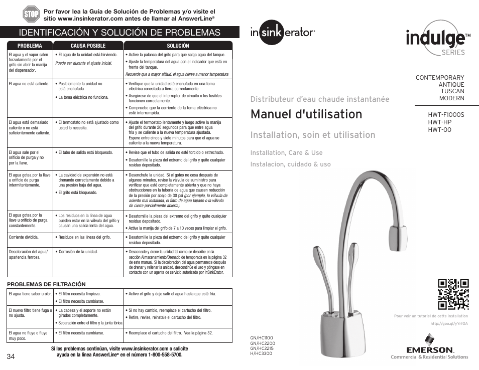 Manuel d'utilisation, Identificación y solución de problemas, Installation, soin et utilisation | Distributeur d’eau chaude instantanée | InSinkErator HWT-F1000S Tank and Filter System User Manual | Page 18 / 26