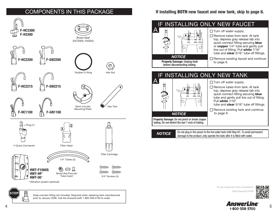 Components in this package, If installing only new tank, If installing only new faucet | Wing nut fiber washer | InSinkErator HWT-F1000S Tank and Filter System User Manual | Page 3 / 26