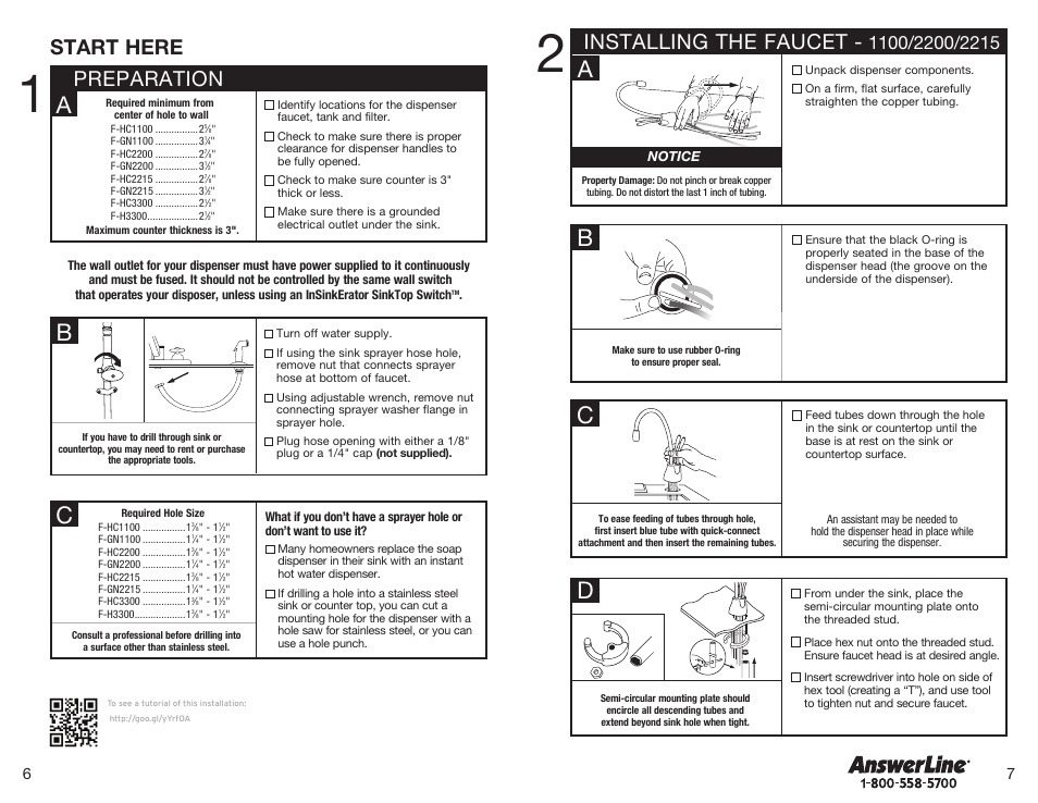 Ba c d, Installing the faucet, Preparation start here | Wing nut fiber washer | InSinkErator HWT-F1000S Tank and Filter System User Manual | Page 4 / 26