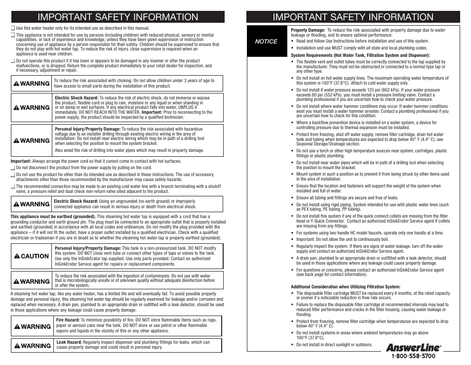 Important safety information | InSinkErator HWT-F1000S Tank and Filter System User Manual | Page 7 / 26