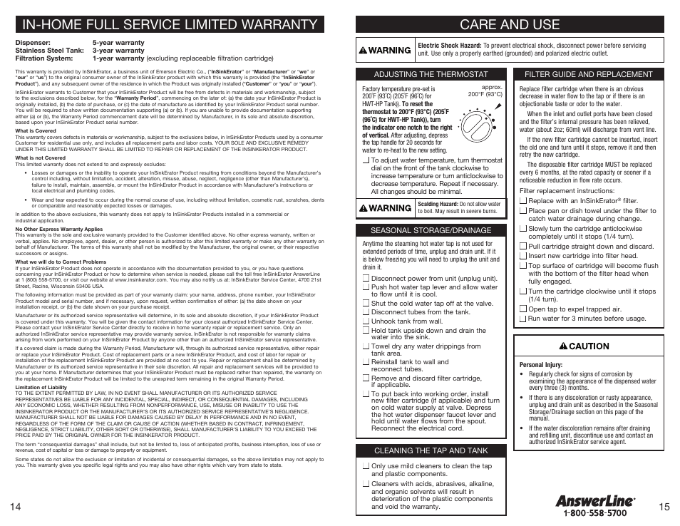 In-home full service limited warranty, Care and use | InSinkErator HWT-F1000S Tank and Filter System User Manual | Page 8 / 26