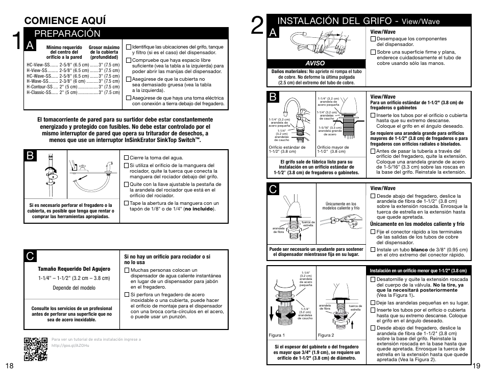 Ab c, Ac b, Comience aquí | Preparación, Instalación del grifo, View/wave | InSinkErator Invite H-Contour-SS User Manual | Page 10 / 20