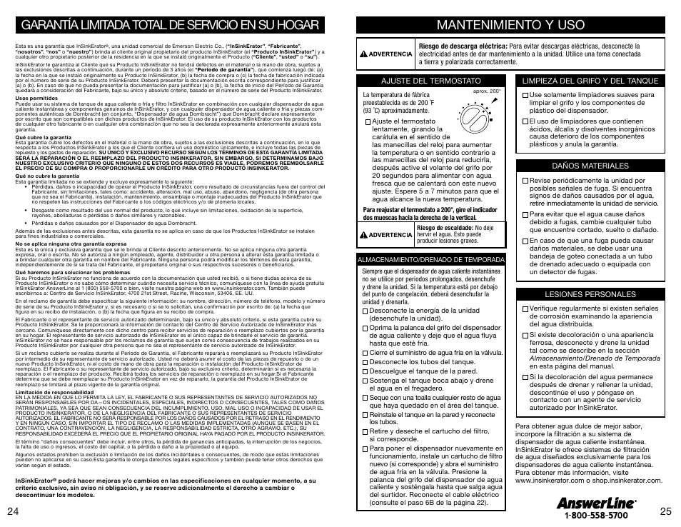 Garantía limitada total de servicio en su hogar, Mantenimiento y uso | InSinkErator Invite H-Contour-SS User Manual | Page 13 / 20