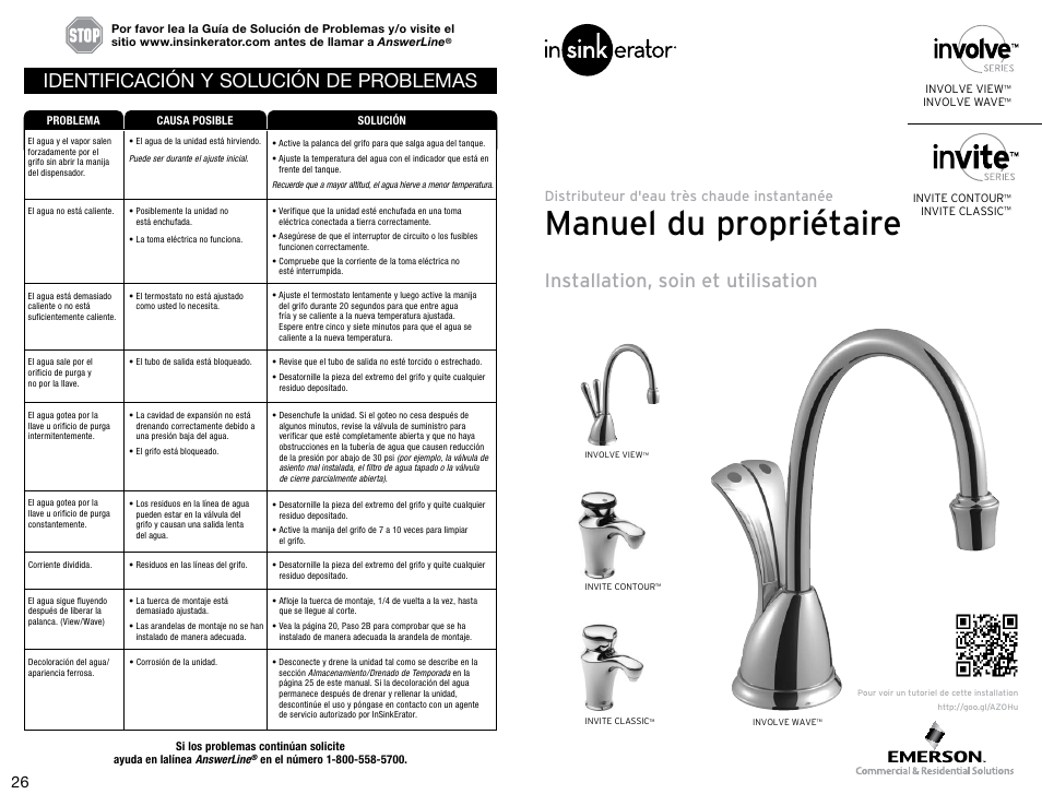 Manuel du propriétaire, Identificación y solución de problemas, Installation, soin et utilisation | Distributeur d'eau très chaude instantanée | InSinkErator Invite H-Contour-SS User Manual | Page 14 / 20