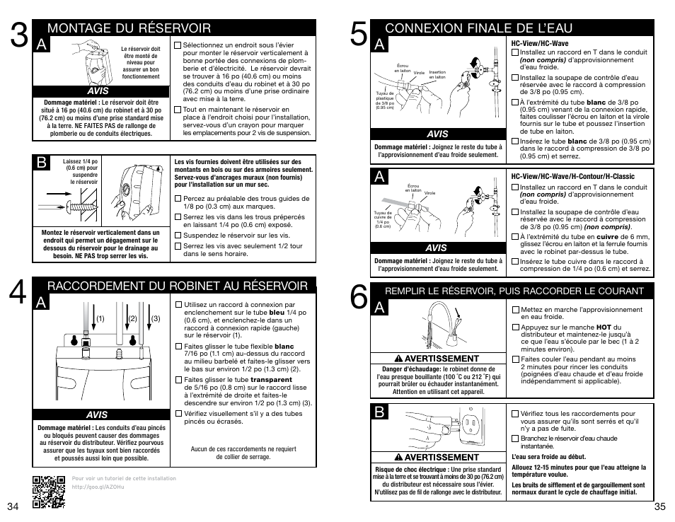 Ba a, Ba a a, Montage du réservoir | Connexion finale de l’eau, Raccordement du robinet au réservoir, Avis, Remplir le réservoir, puis raccorder le courant | InSinkErator Invite H-Contour-SS User Manual | Page 18 / 20