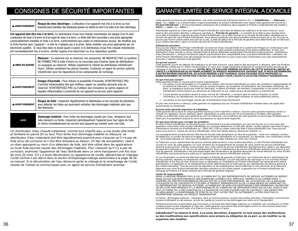 Consignes de sécurité importantes, Garantie limitée de service intégral a domicile | InSinkErator Invite H-Contour-SS User Manual | Page 19 / 20
