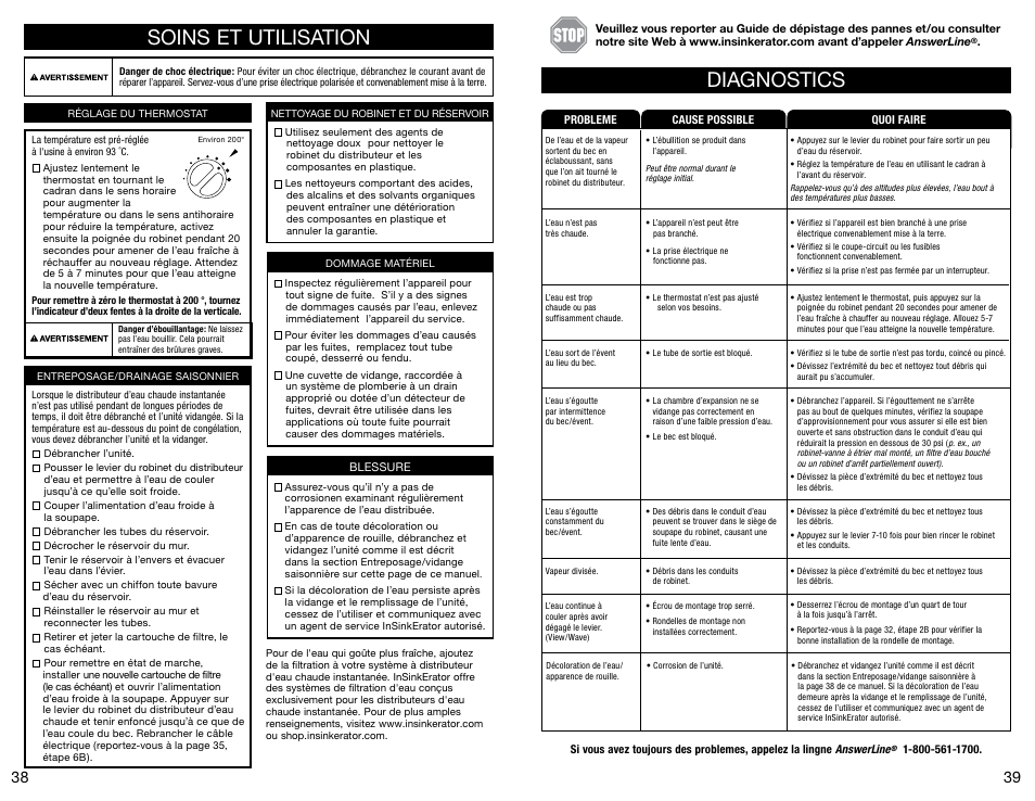 Soins et utilisation, Diagnostics | InSinkErator Invite H-Contour-SS User Manual | Page 20 / 20