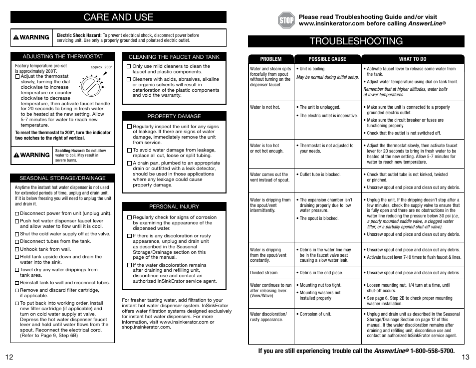 Care and use, Troubleshooting | InSinkErator Invite H-Contour-SS User Manual | Page 7 / 20