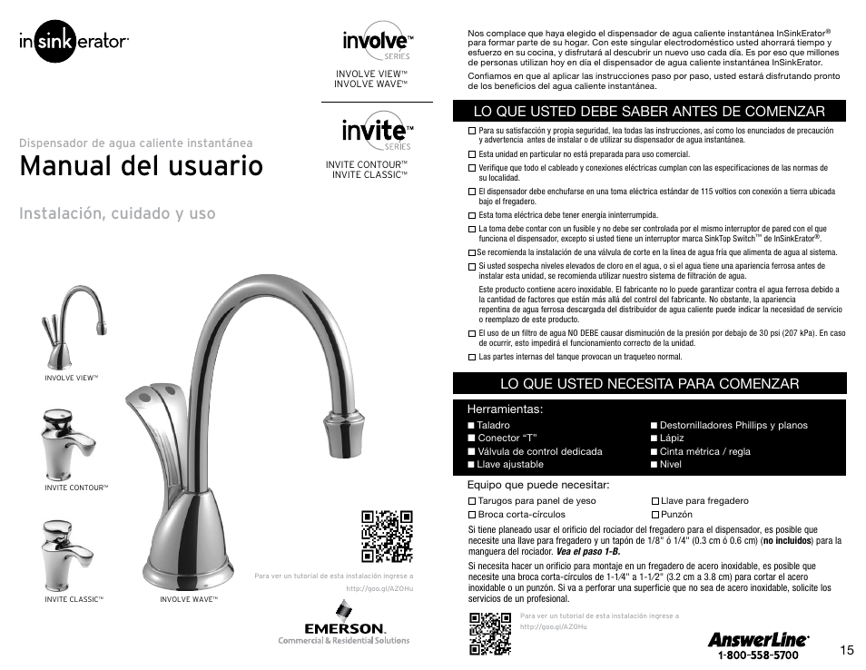 Manual del usuario, Instalación, cuidado y uso, Lo que usted debe saber antes de comenzar | Lo que usted necesita para comenzar | InSinkErator Invite H-Contour-SS User Manual | Page 8 / 20