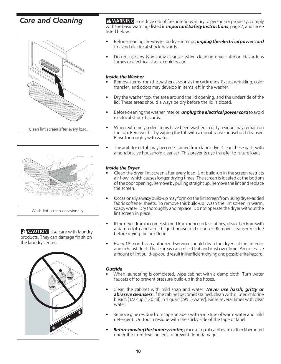 Care and cleaning | Crosley Laundry Center User Manual | Page 10 / 14