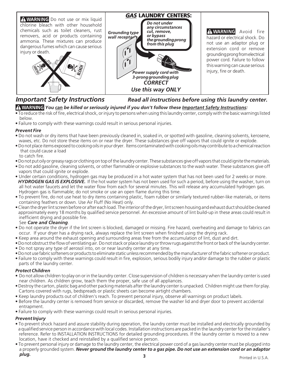 Important safety instructions | Crosley Laundry Center User Manual | Page 3 / 14