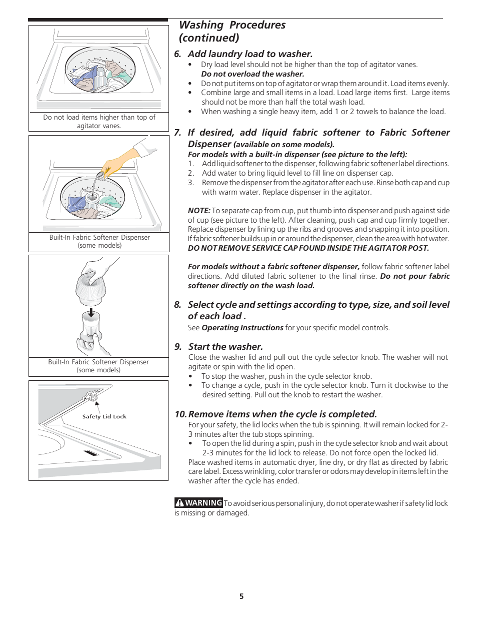 Washing procedures (continued) | Crosley Laundry Center User Manual | Page 5 / 14