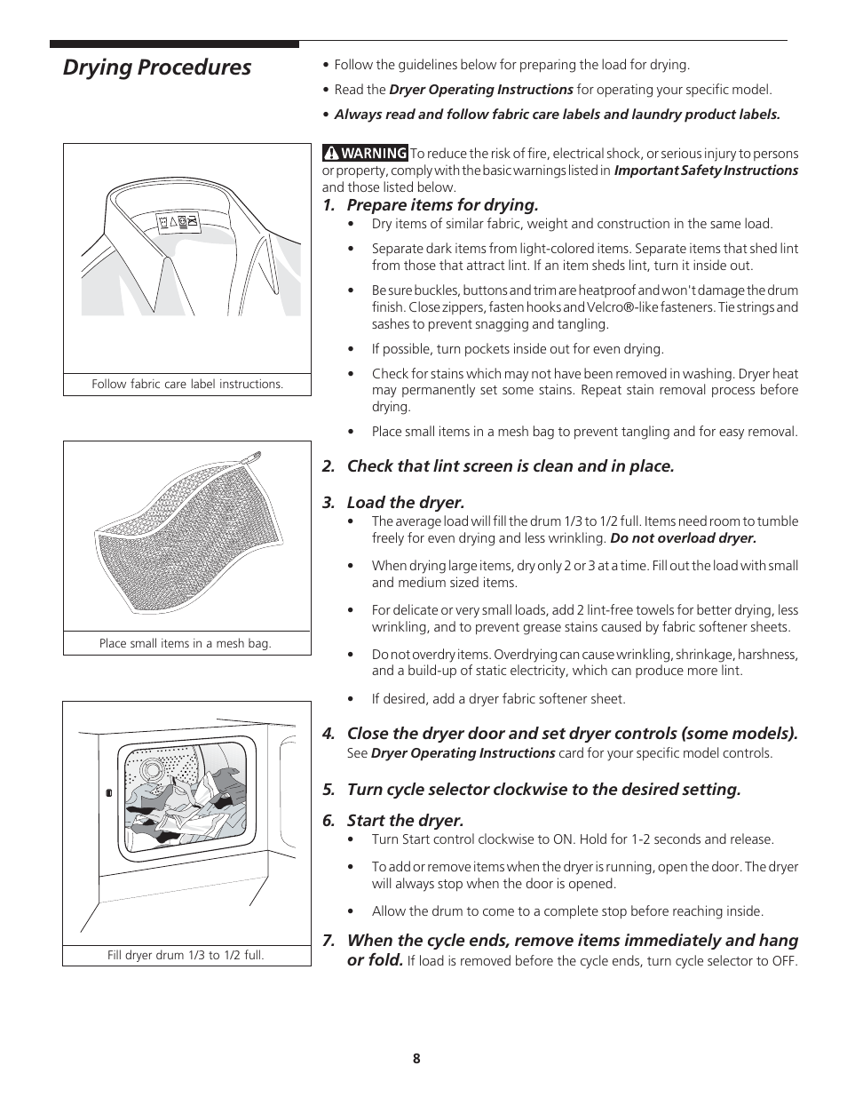 Drying procedures | Crosley Laundry Center User Manual | Page 8 / 14