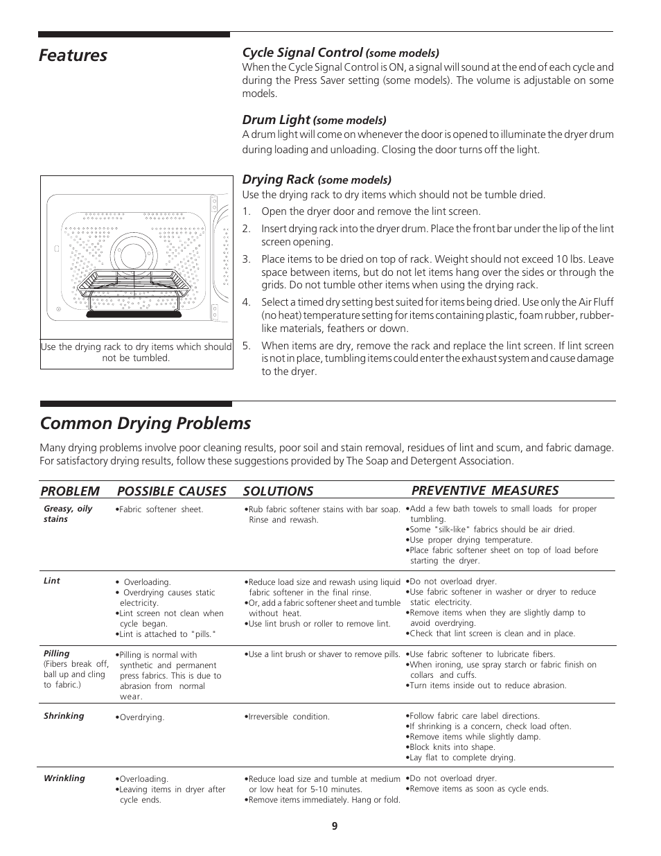 Features, Common drying problems, Cycle signal control | Drum light, Drying rack | Crosley Laundry Center User Manual | Page 9 / 14