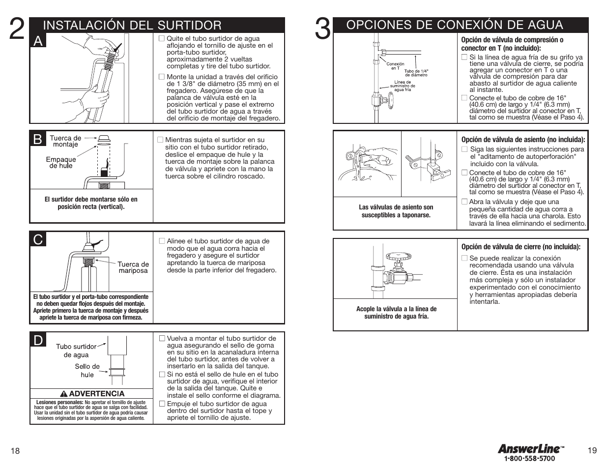 Opciones de conexión de agua, Instalación del surtidor | InSinkErator Hot1 User Manual | Page 10 / 18