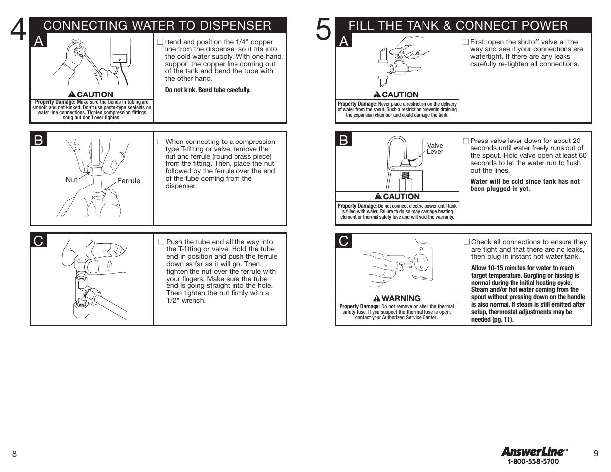 Fill the tank & connect power, Connecting water to dispenser | InSinkErator Hot1 User Manual | Page 5 / 18