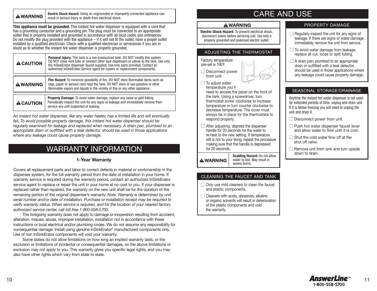Care and use, Warranty information | InSinkErator Hot1 User Manual | Page 6 / 18