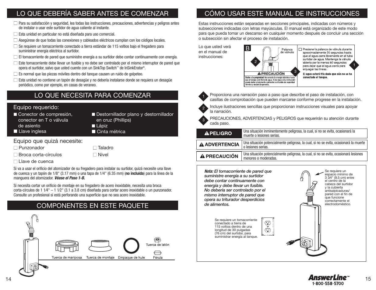 Cómo usar este manual de instrucciones, Lo que debería saber antes de comenzar, Lo que necesita para comenzar | Componentes en este paquete | InSinkErator Hot1 User Manual | Page 8 / 18