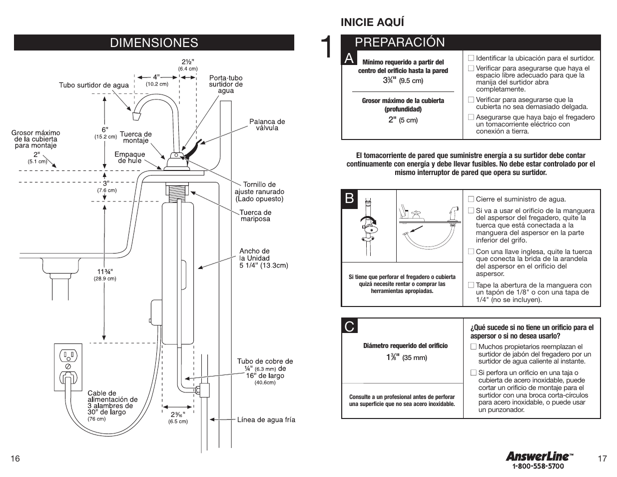 Preparación, Dimensiones, Inicie aquí | InSinkErator Hot1 User Manual | Page 9 / 18