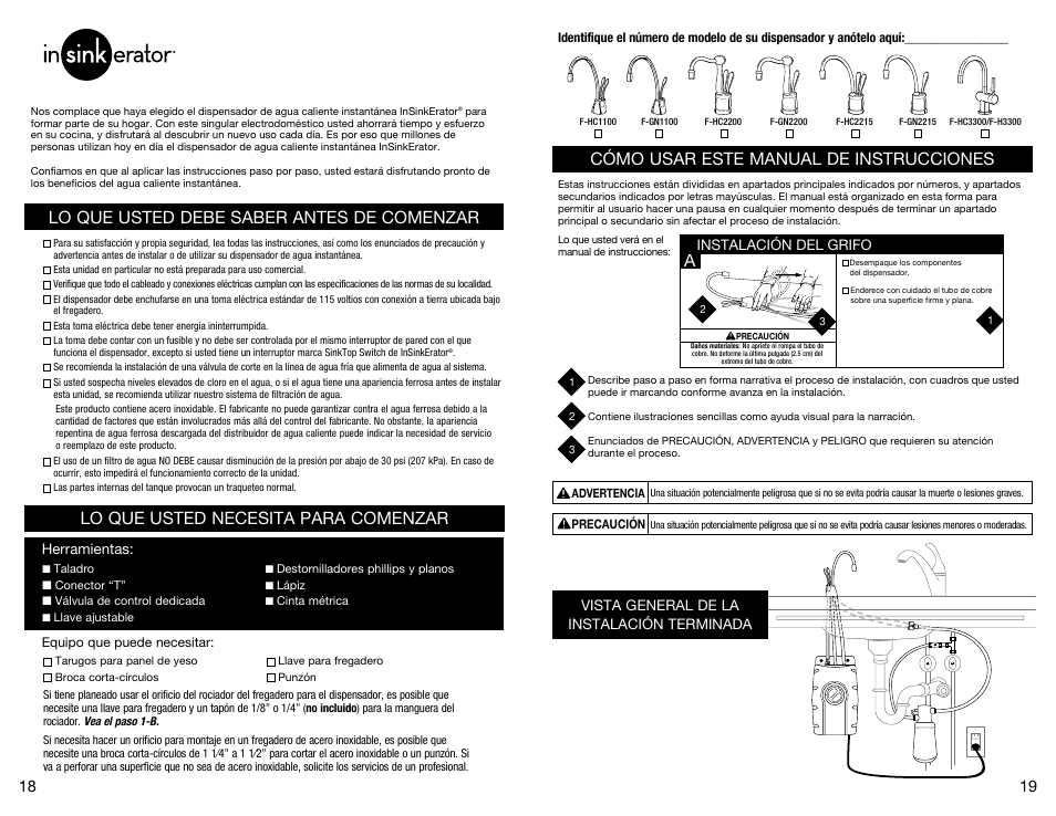 Cómo usar este manual de instrucciones, Lo que usted debe saber antes de comenzar, Lo que usted necesita para comenzar | Vista general de la instalación terminada, Instalación del grifo, Herramientas | InSinkErator SST-FLTR Tank and Fliter System User Manual | Page 10 / 25