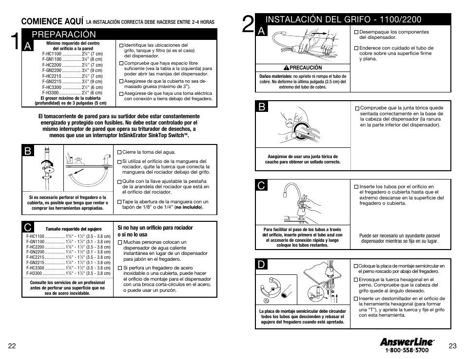 Ba c d, Preparación, Comience aquí | Wing nut fiber washer, Peligro, Si no hay un orificio para rociador o si no lo usa | InSinkErator SST-FLTR Tank and Fliter System User Manual | Page 12 / 25