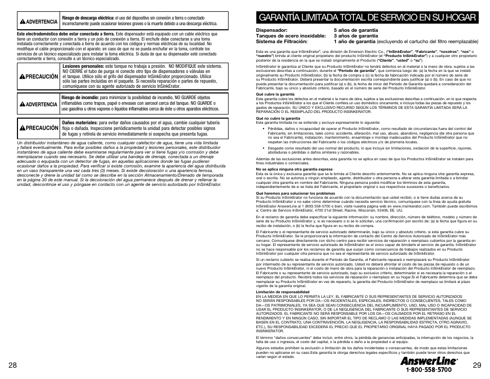 Garantía limitada total de servicio en su hogar | InSinkErator SST-FLTR Tank and Fliter System User Manual | Page 15 / 25
