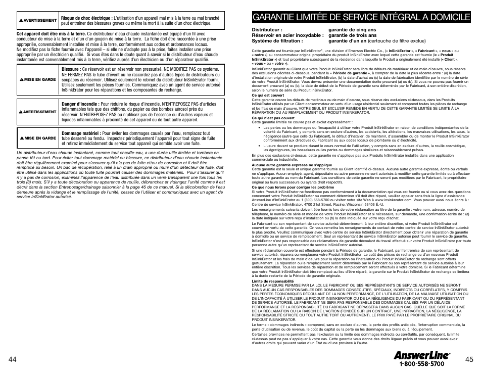 Garantie limitée de service intégral a domicile | InSinkErator SST-FLTR Tank and Fliter System User Manual | Page 23 / 25