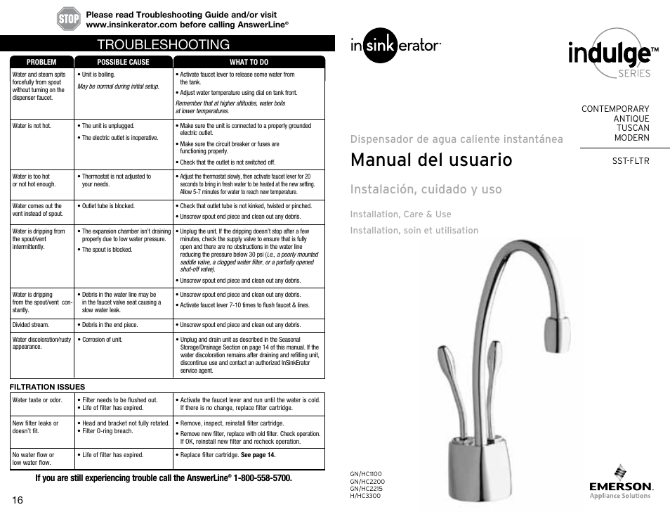 Manual del usuario, Troubleshooting, Instalación, cuidado y uso | Dispensador de agua caliente instantánea | InSinkErator SST-FLTR Tank and Fliter System User Manual | Page 9 / 25