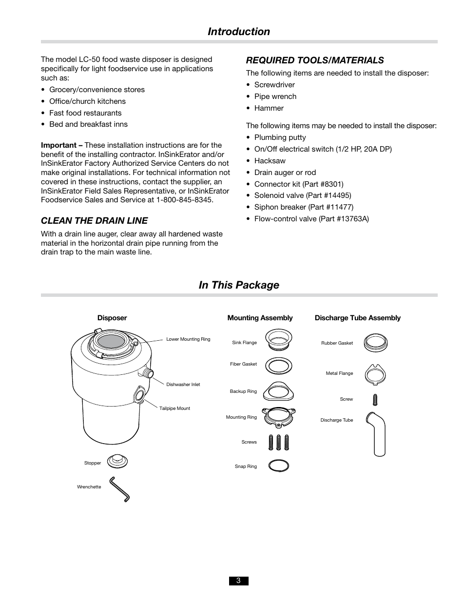 Introduction in this package, Required tools/materials, Clean the drain line | InSinkErator LC-50 User Manual | Page 3 / 13