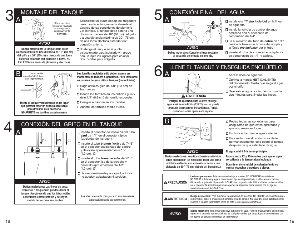 Conexión del grifo en el tanque, Montaje del tanque, Conexión final del agua | Llene el tanque y enseguida enchúfelo | InSinkErator C1300 User Manual | Page 10 / 20
